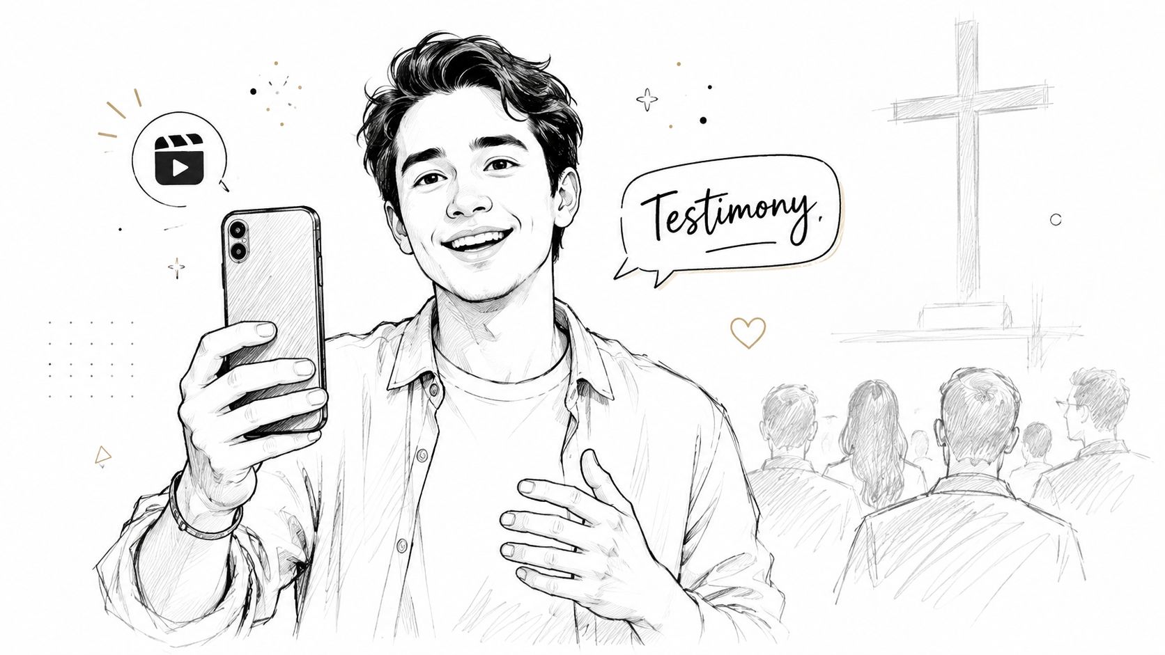 A young man recording a testimony video on his phone with a church congregation in the background.