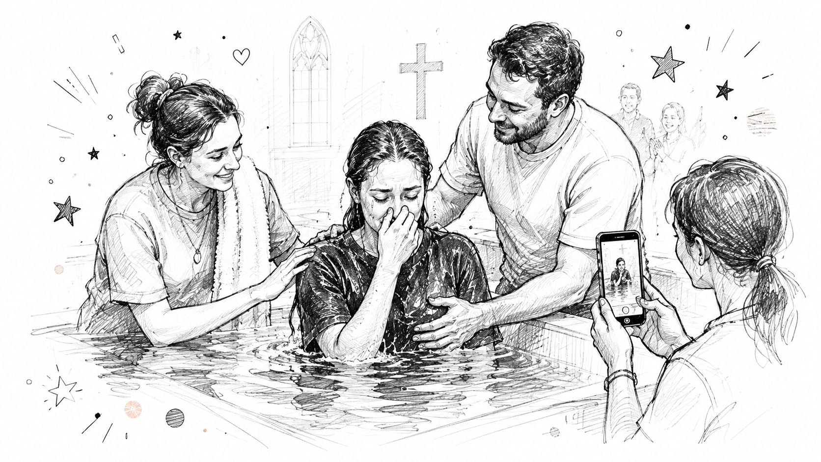A black and white pencil sketch depicting a baptism scene with people celebrating the moment with a phone.