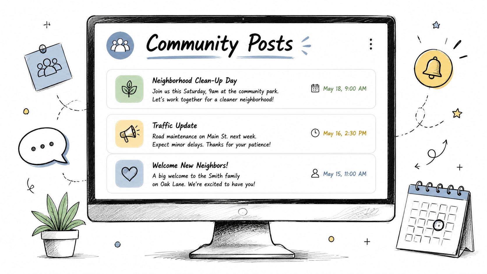 A digital screen displaying community posts about a clean-up day, traffic updates, and new neighbor welcome messages.