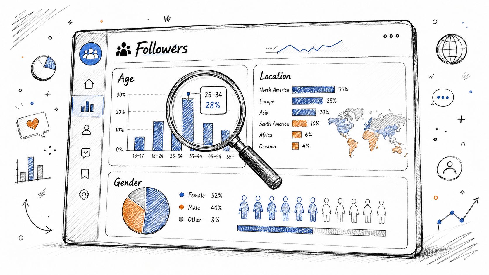 A hand-drawn illustration showing a digital dashboard displaying social media follower demographics, charts, and statistics.