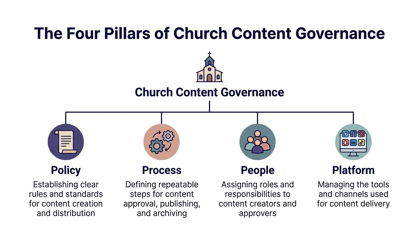 A diagram illustrating the four pillars of church content governance: Policy, Process, People, and Platform.