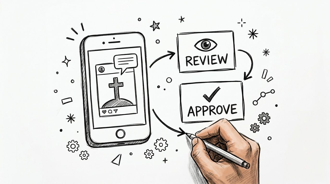 A hand drawing a digital workflow for reviewing and approving social media content on a smartphone screen.