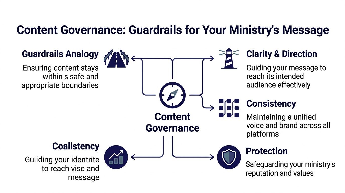 A diagram explaining content governance as guardrails, clarity, consistency, and protection for a ministry's message.