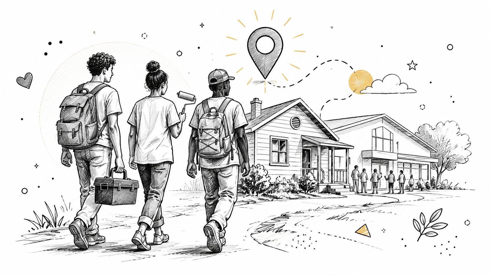 Three young volunteers carrying tools walking toward a community building during a church summer program.