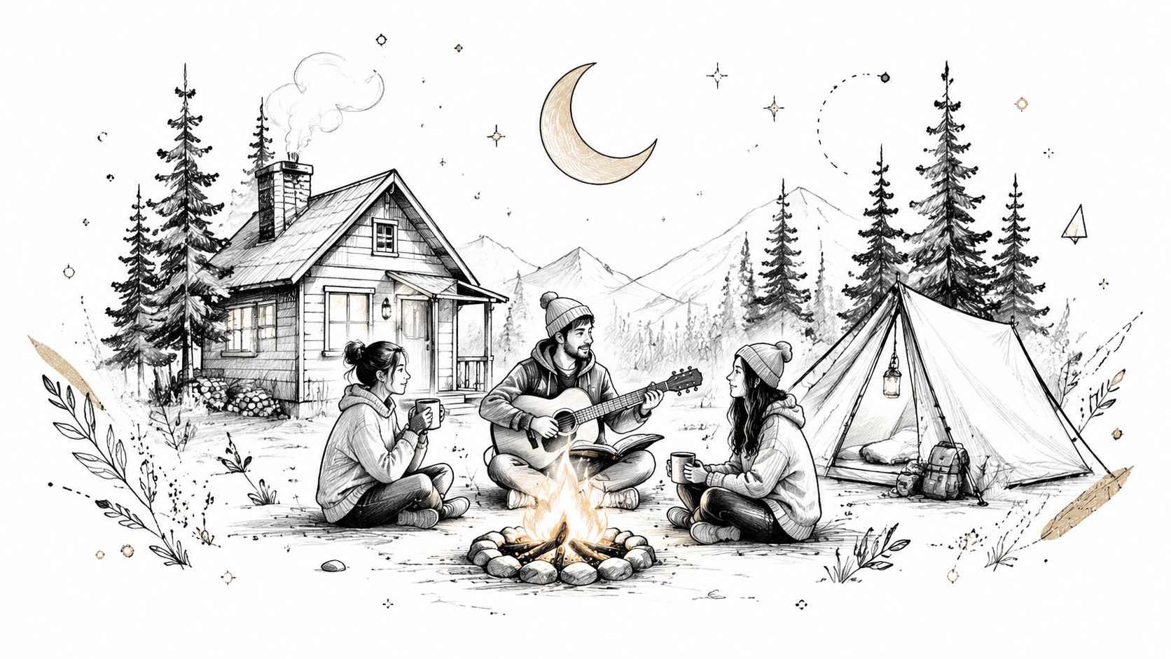 A line art illustration of three friends sitting around a cozy campfire near a wooden cabin and tent.