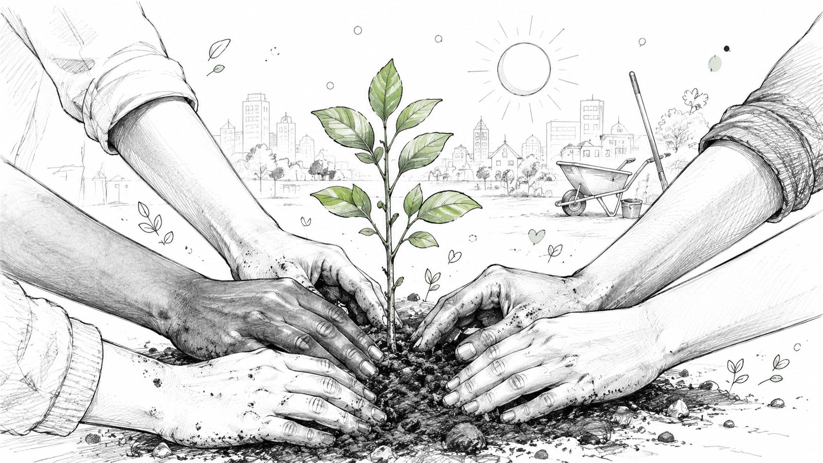 A group of people working together to plant a small tree in a community setting.