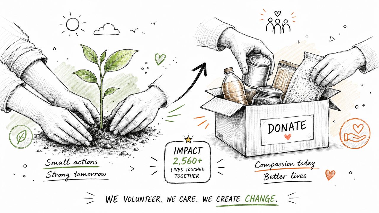 A hand-drawn illustration showing hands planting a seedling and donating food, symbolizing community service and impact.