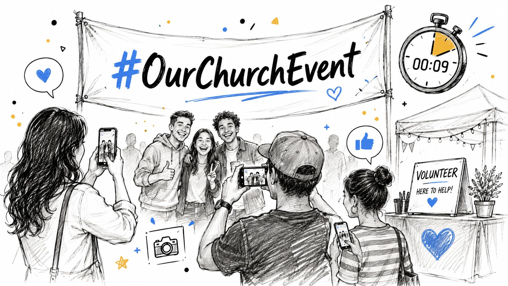 A black and white sketch illustration of diverse youth capturing photos at a lively church event.