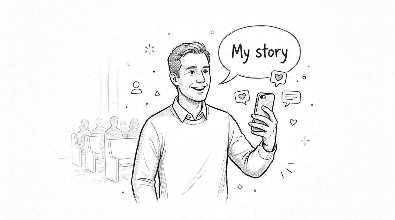 A line art sketch of a man sharing his story on a smartphone with social media icons.