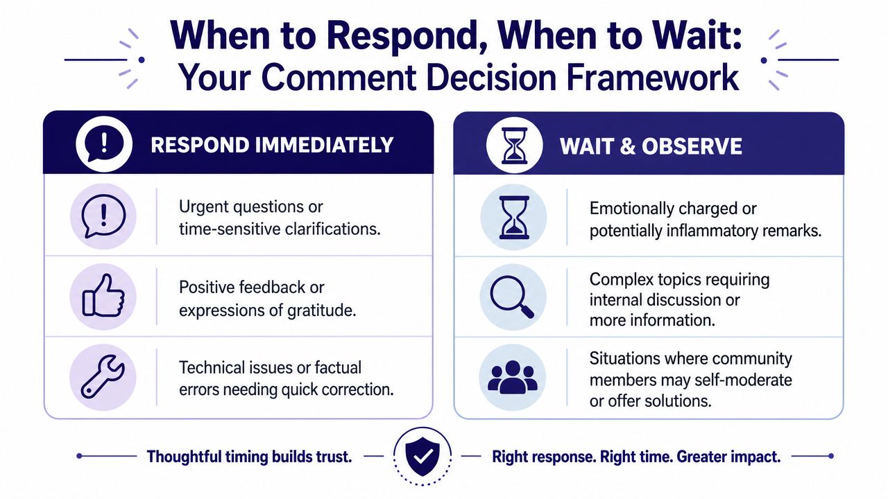 A decision framework chart for social media community managers on when to respond or wait to comment.