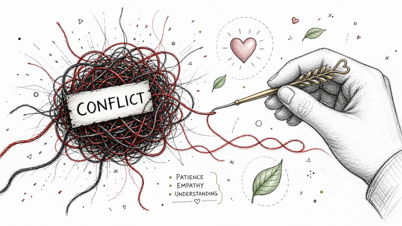 A hand using a gold needle to untangle a knotted ball of black and red thread labeled conflict.
