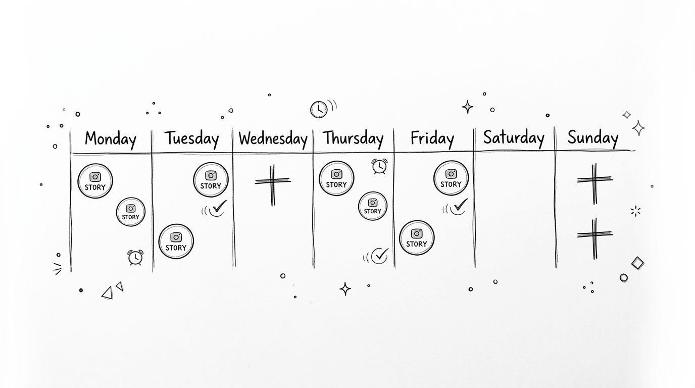 A hand-drawn weekly planner schedule illustrating daily Instagram story content strategy with icons for posts and tasks.