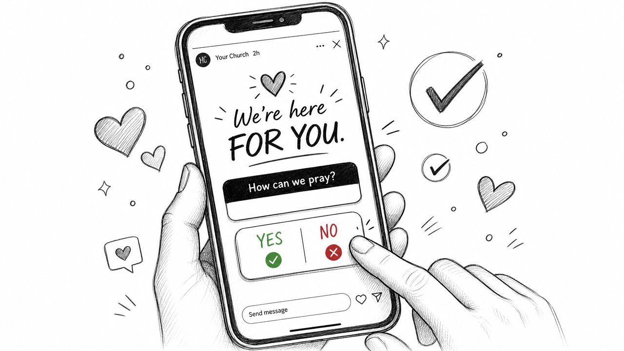 A hand holding a smartphone showing an interactive Instagram story asking followers for prayer requests.