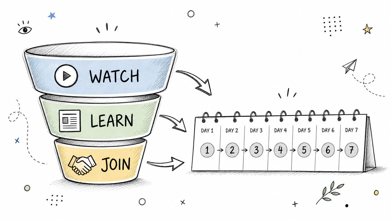A funnel diagram showing three steps, Watch, Learn, and Join, connected to a seven-day action calendar.