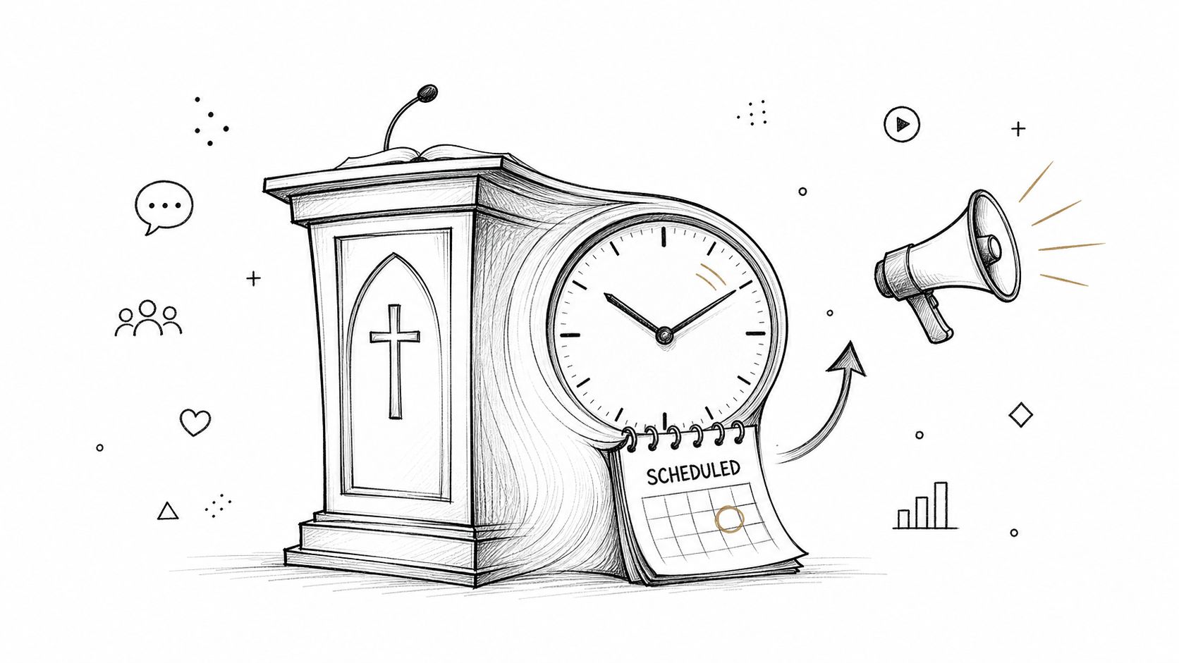 A pencil sketch of a church pulpit shaped like a clock with a scheduled calendar and megaphone.