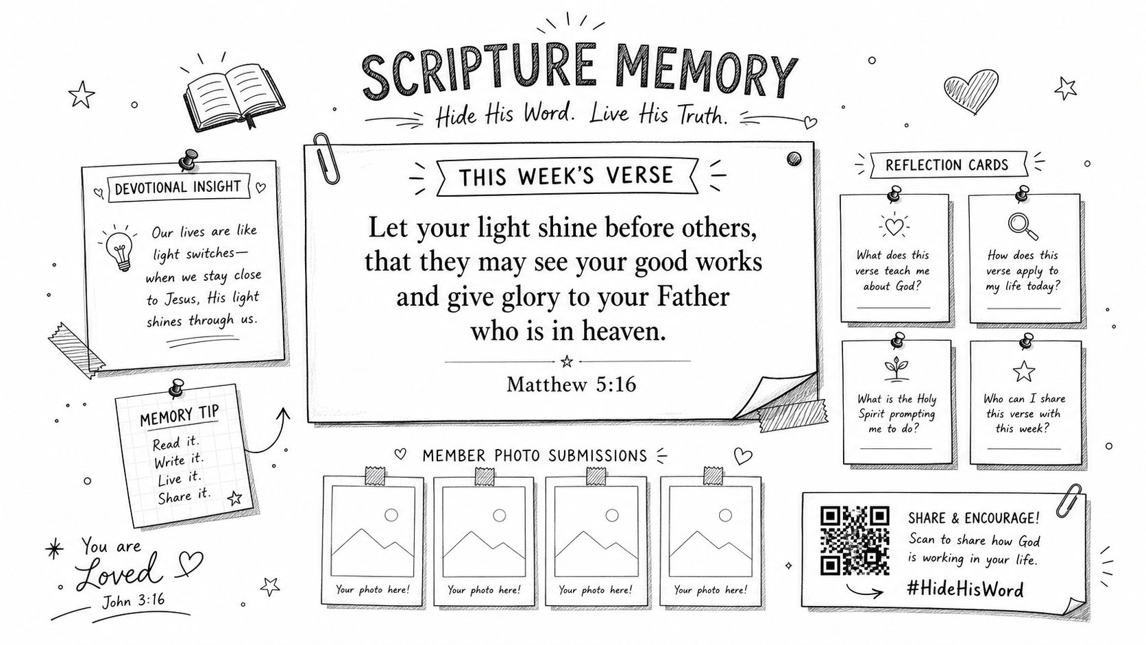 A hand-drawn scripture memory worksheet featuring Matthew 5:16 with space for reflection, photos, and devotional notes.
