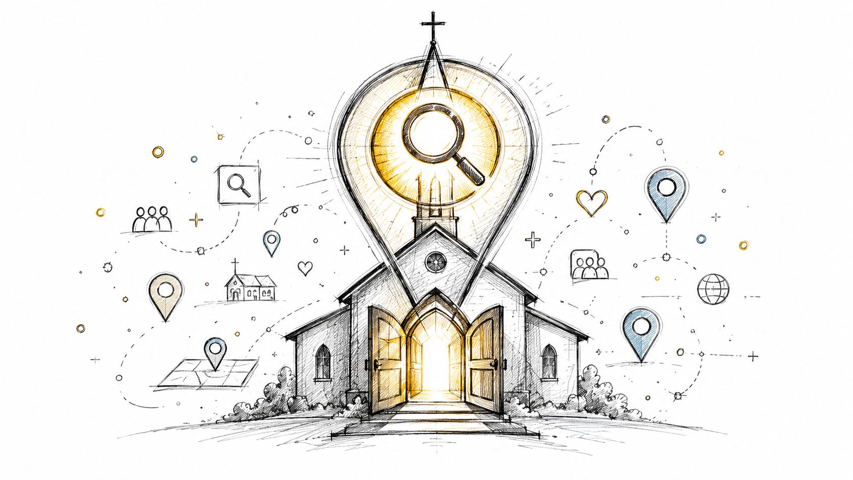 A hand-drawn illustration of a church with location pins and search icons, representing local church search optimization.