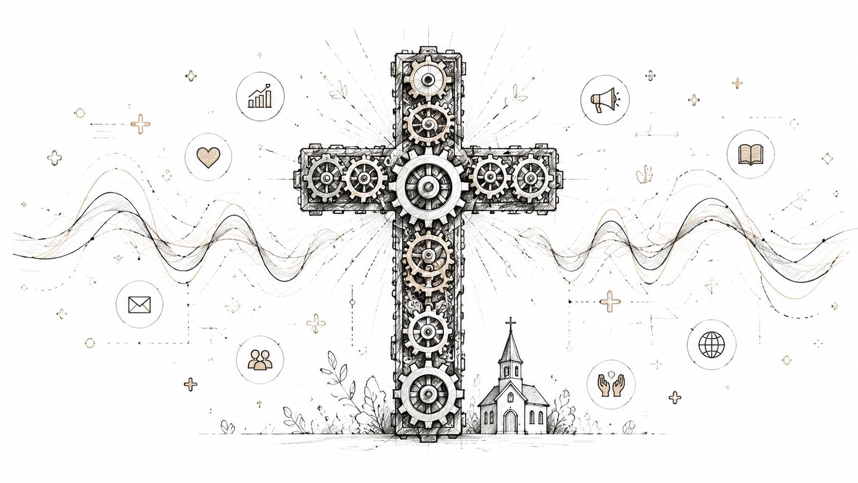 A digital illustration of a Christian cross made of clockwork gears surrounded by social media icons.