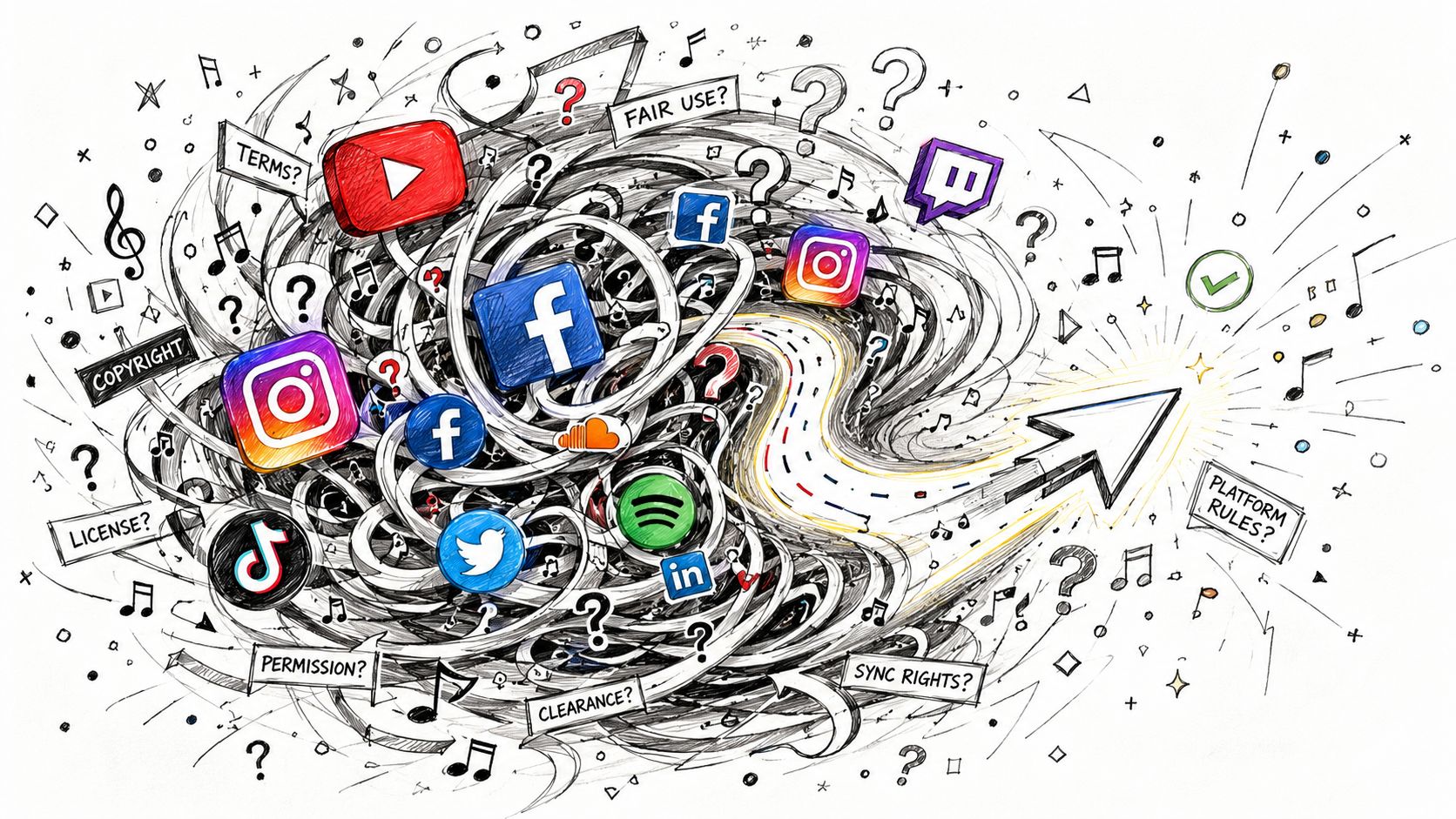 A chaotic tangle of social media icons and legal questions leading toward a clear path of rules.