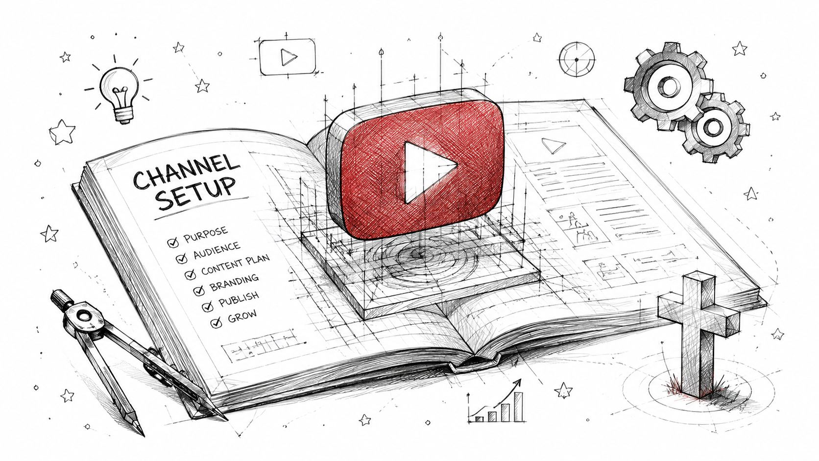 A sketched illustration of a YouTube channel setup guide with a red play button on an open book.