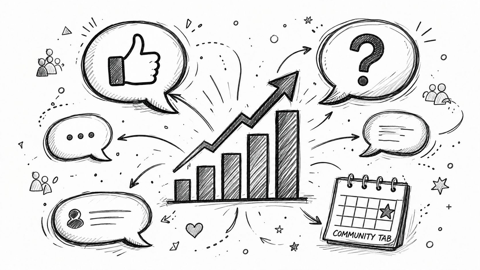 A hand-drawn illustration showing growth charts, social media icons, and a community tab calendar for engagement.