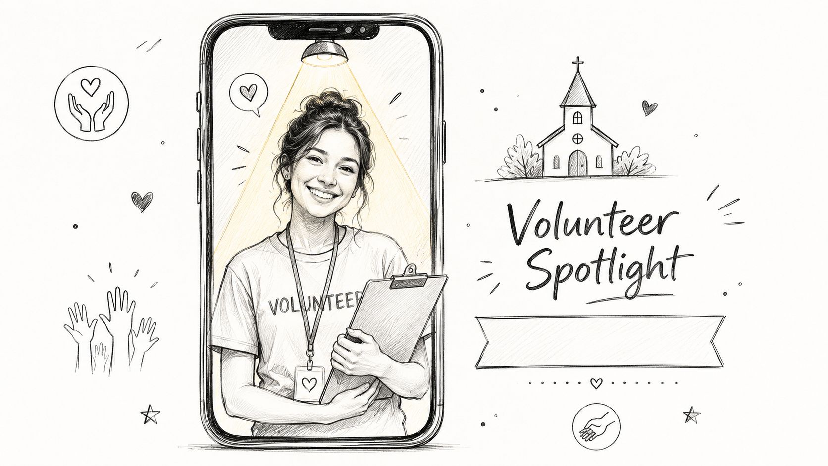 A pencil sketch of a smiling volunteer holding a clipboard inside a smartphone frame with a church background.