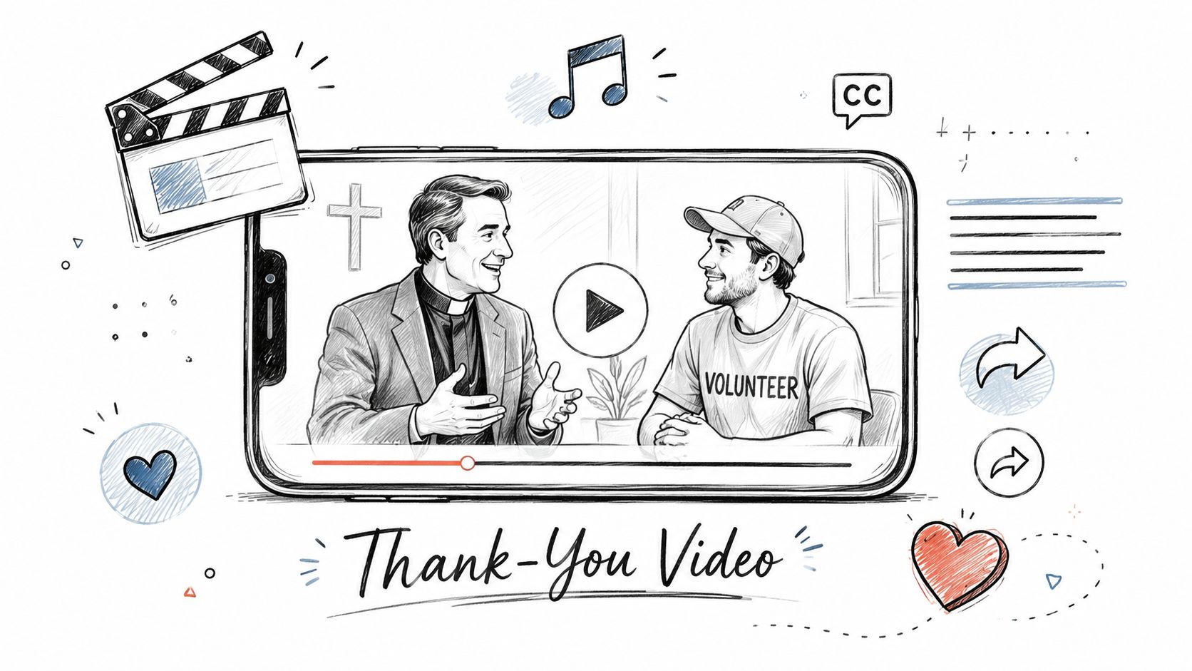 A sketched illustration of a smartphone displaying a video of a priest talking to a church volunteer.