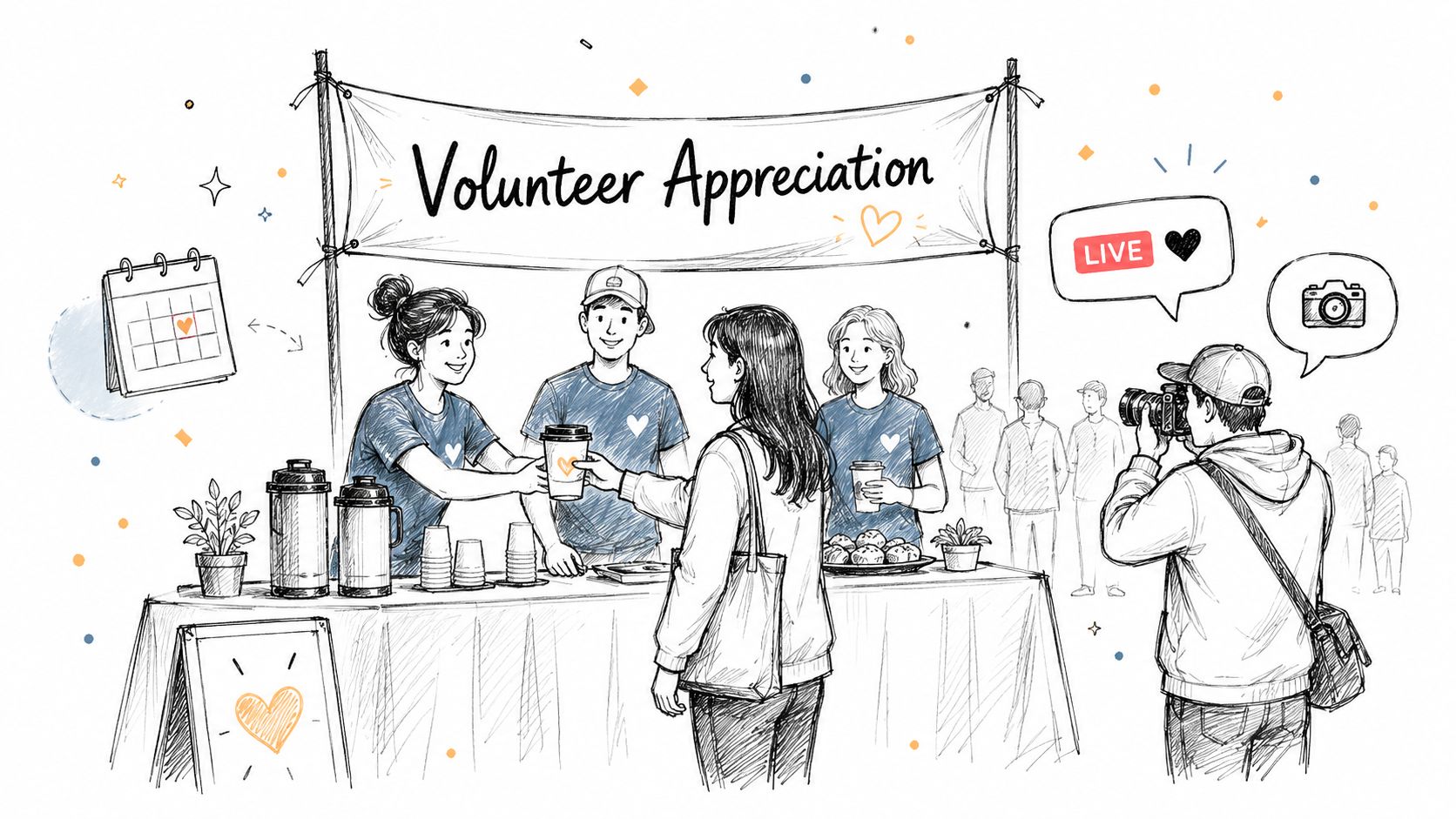 A black and white line art illustration of volunteers serving coffee at a community appreciation event.