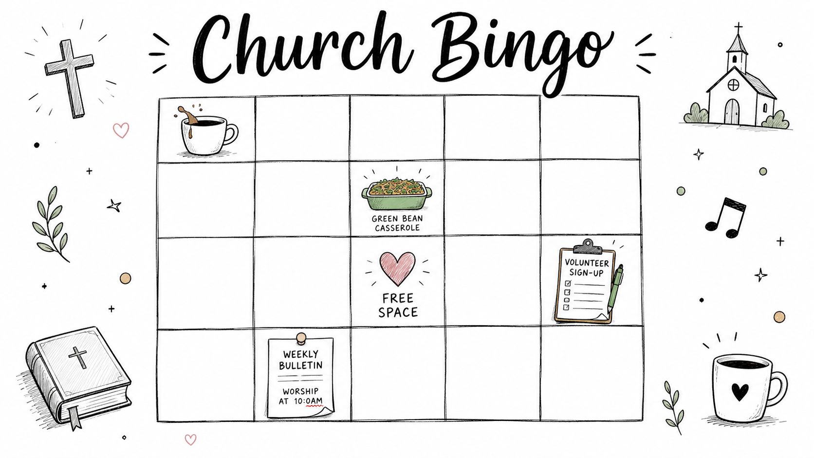 A hand-drawn church bingo game board featuring items like coffee, a green bean casserole, and volunteer sign-ups.