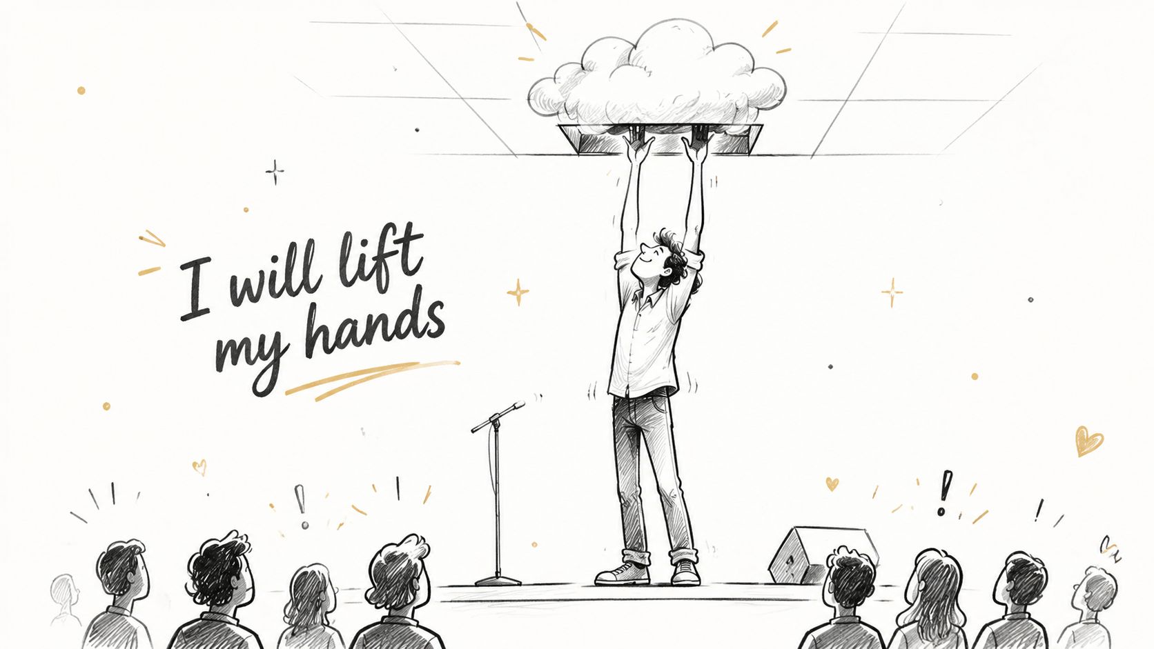 A black and white cartoon drawing of a man on stage lifting a ceiling cloud tile.