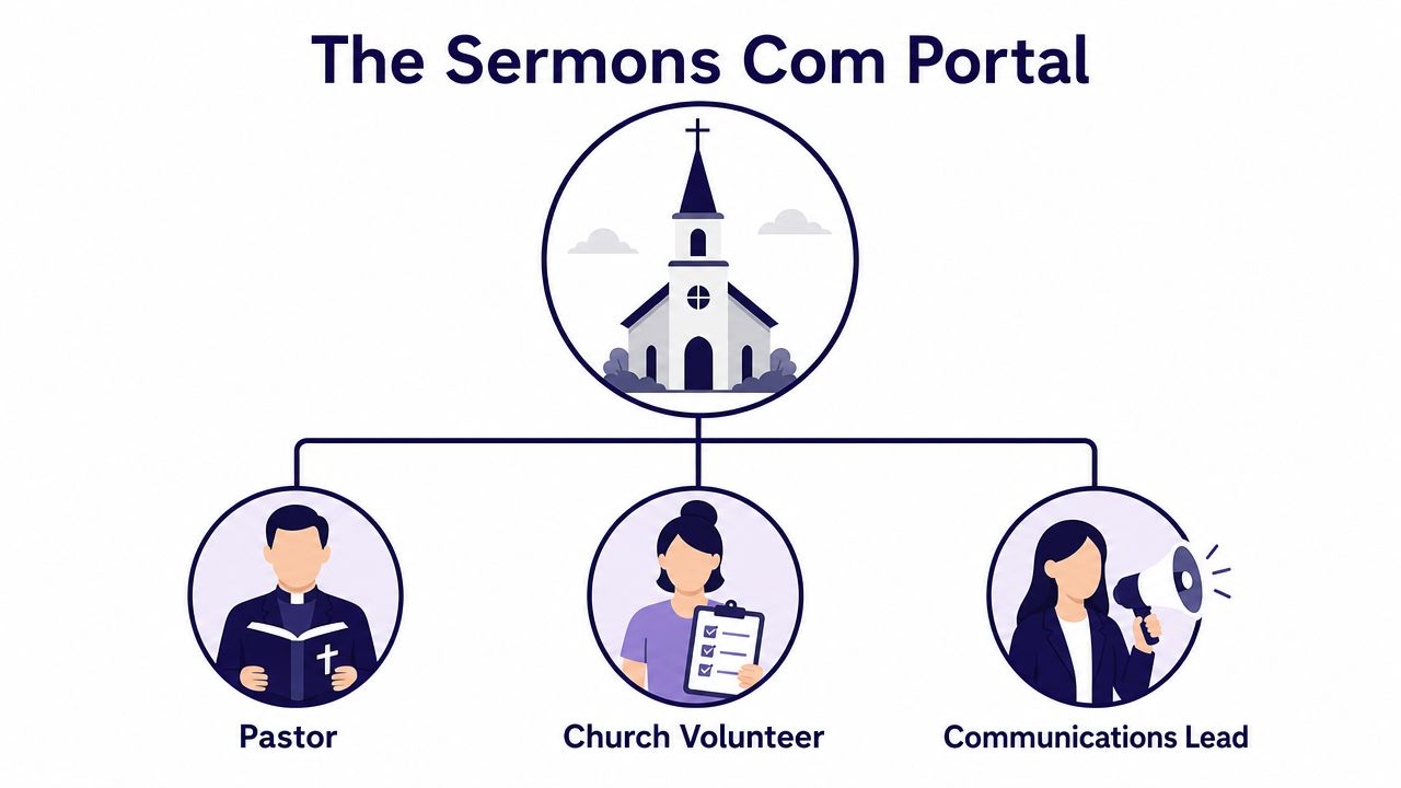 An organizational chart showing a church icon connected to a pastor, church volunteer, and communications lead.