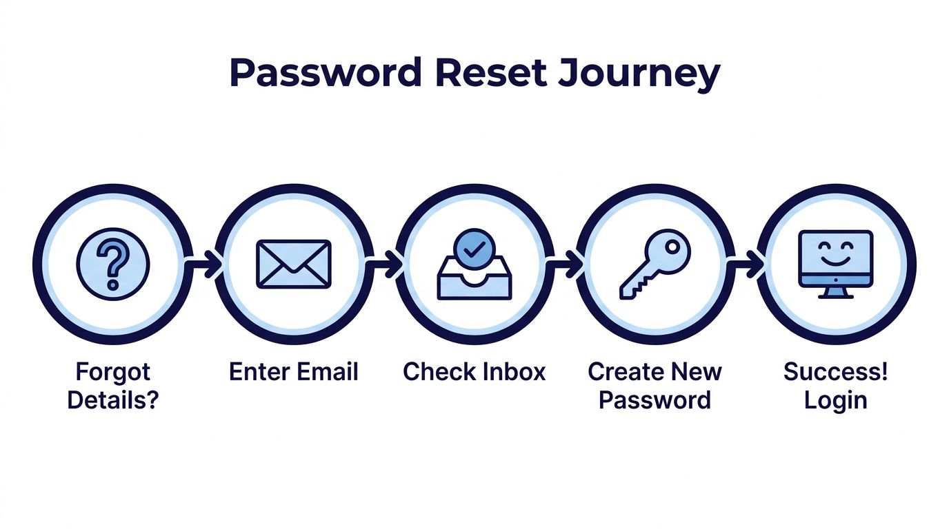 A five-step infographic showing the password reset journey from forgetting login details to successfully logging back in.