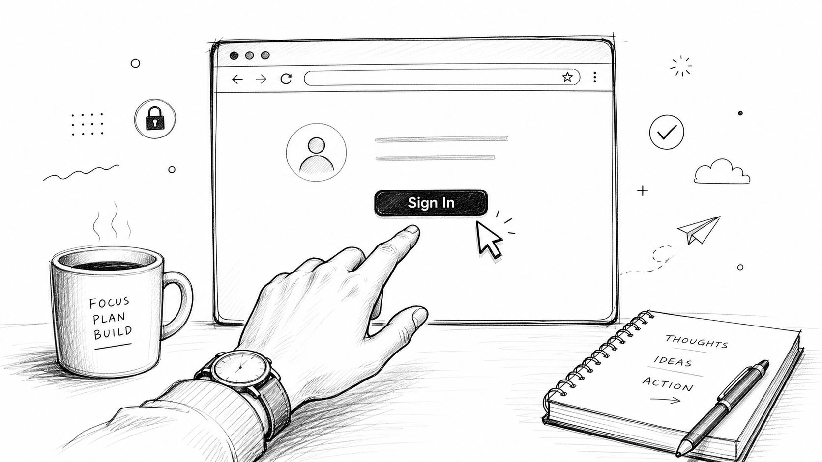 A hand wearing a watch clicking the Sign In button on a digital webpage interface illustration.