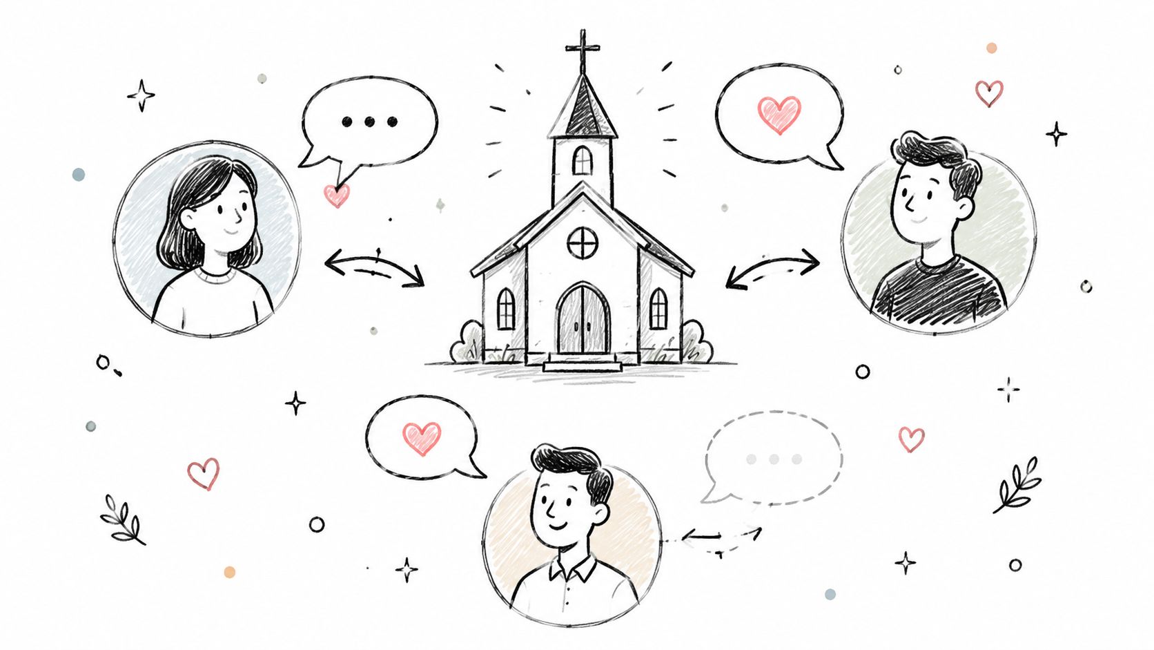 A hand-drawn illustration showing three people interacting with a central church building through speech bubbles.