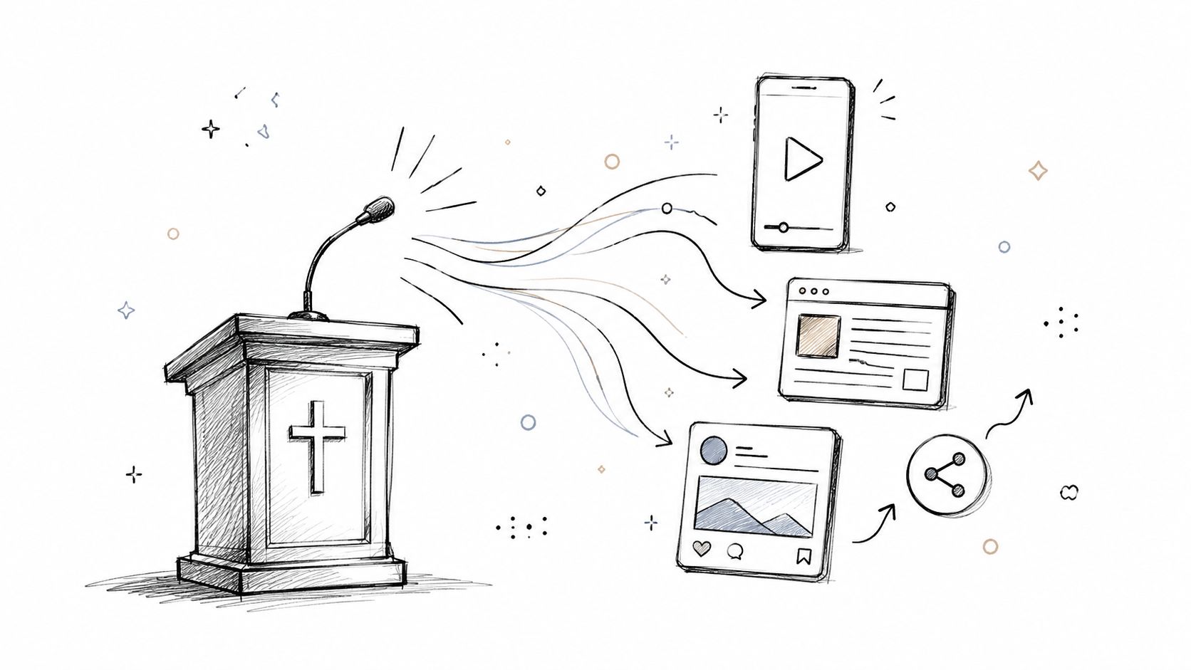 A hand-drawn illustration showing a church pulpit broadcasting messages to digital devices and social media platforms.