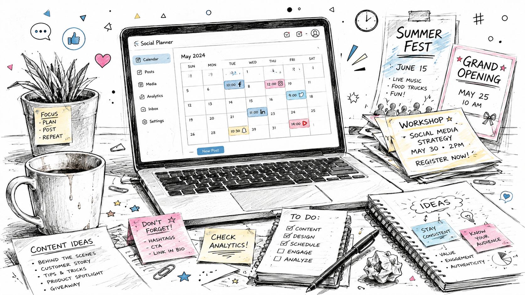 A hand-drawn desk scene featuring a laptop displaying a social media content planner, notes, and coffee.