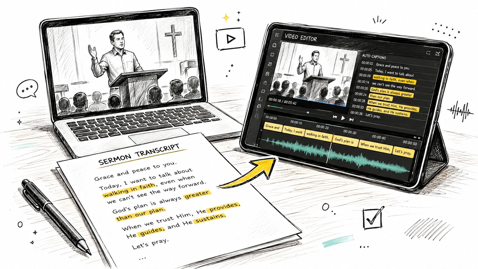 A hand-drawn illustration showing a sermon transcript being transformed into captioned video content on digital devices.