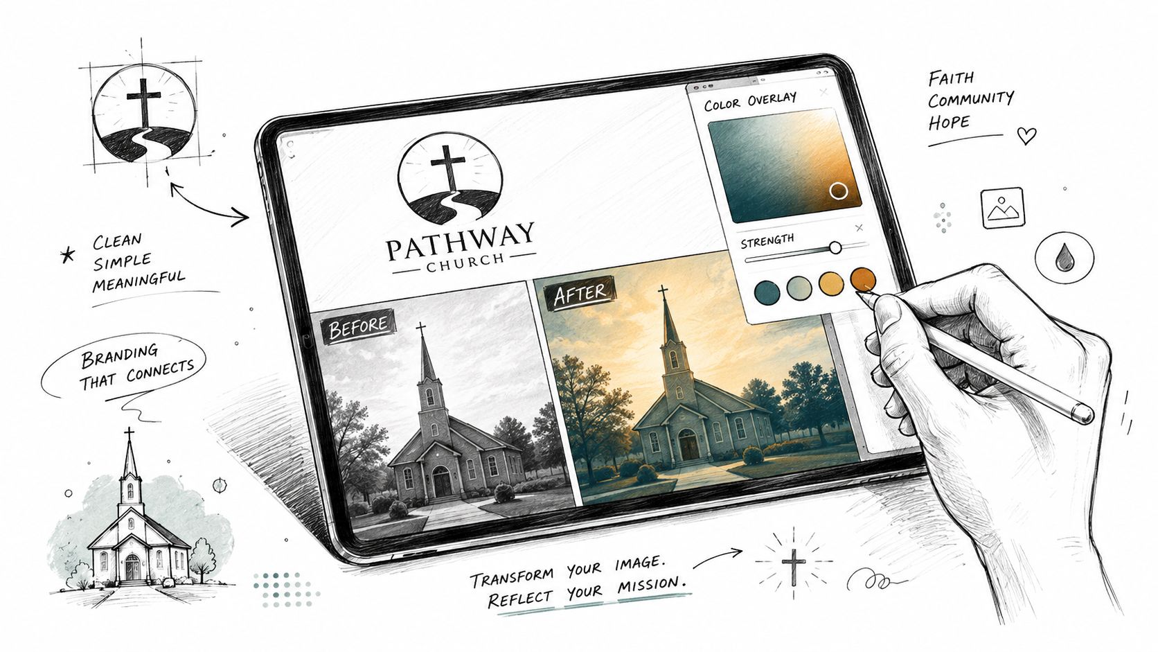 A digital illustration showing a tablet screen displaying a church logo and photo editing software process.