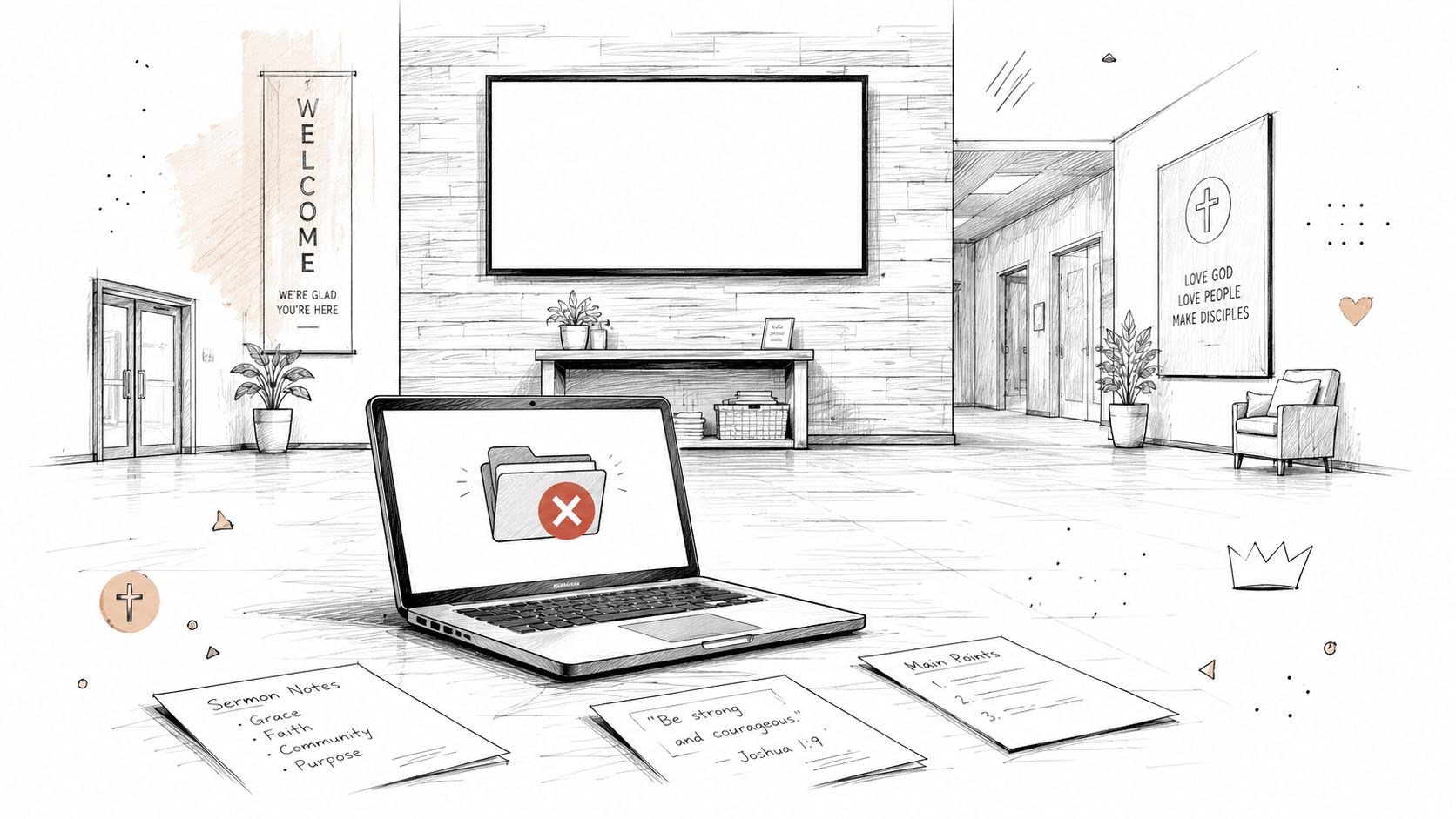 A digital illustration of a laptop on a desk showing an error icon over a file folder.