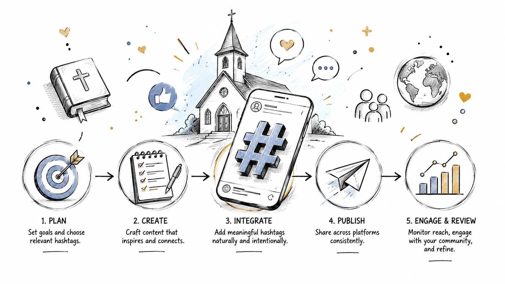 A five-step illustrative guide on how to use hashtags effectively for church social media outreach and engagement.