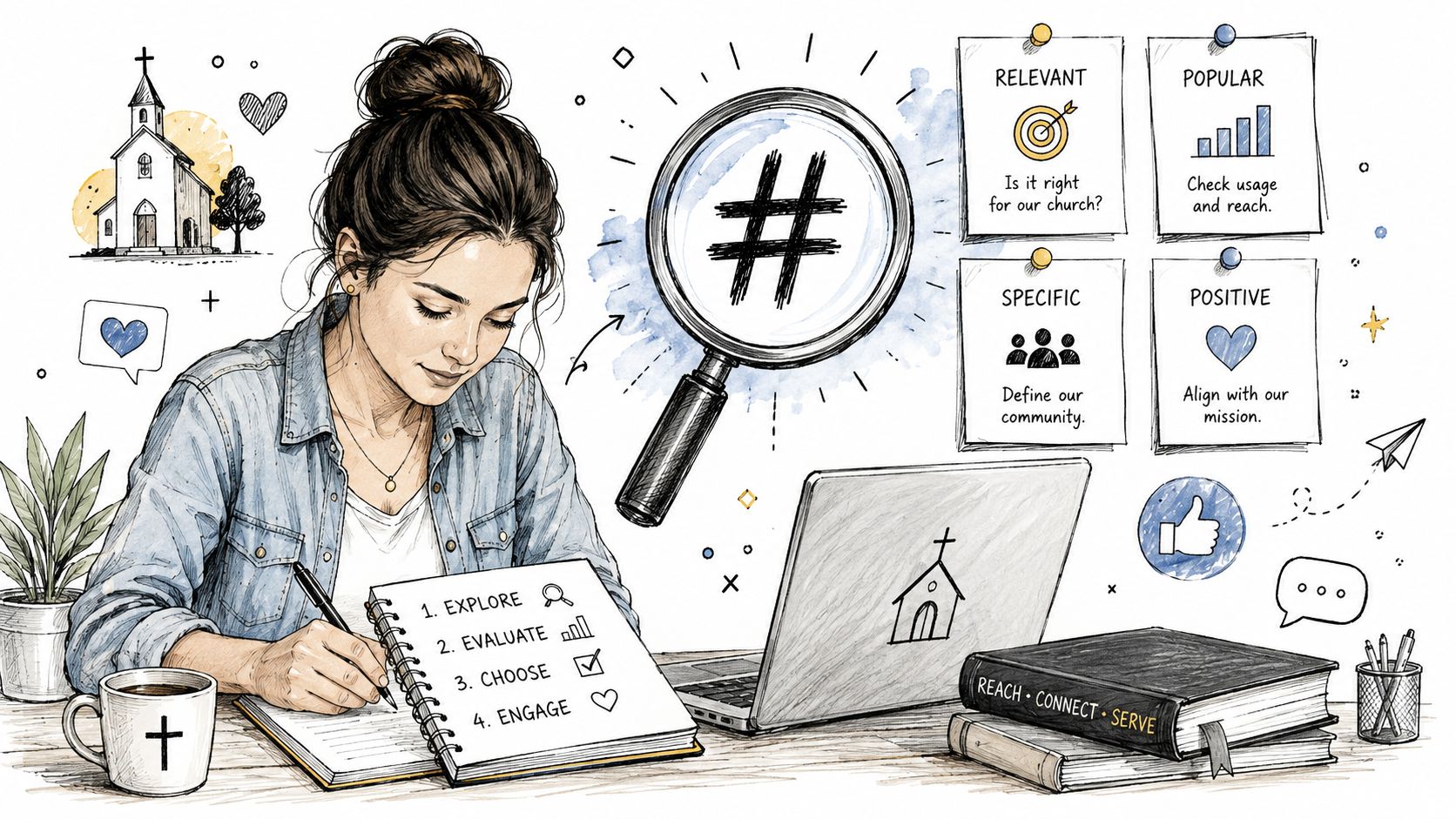 A woman sketching a hashtag strategy at her desk with a laptop and educational notes about social media.