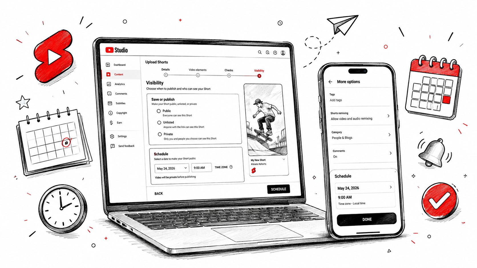 A laptop and smartphone displaying the YouTube Studio interface for scheduling Shorts with surrounding creative calendar icons.