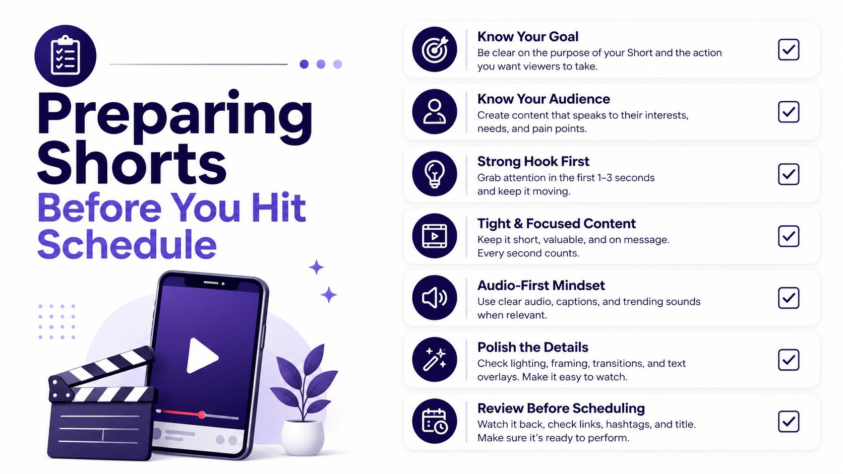 A checklist infographic titled Preparing Shorts Before You Hit Schedule detailing seven essential steps for content creators.