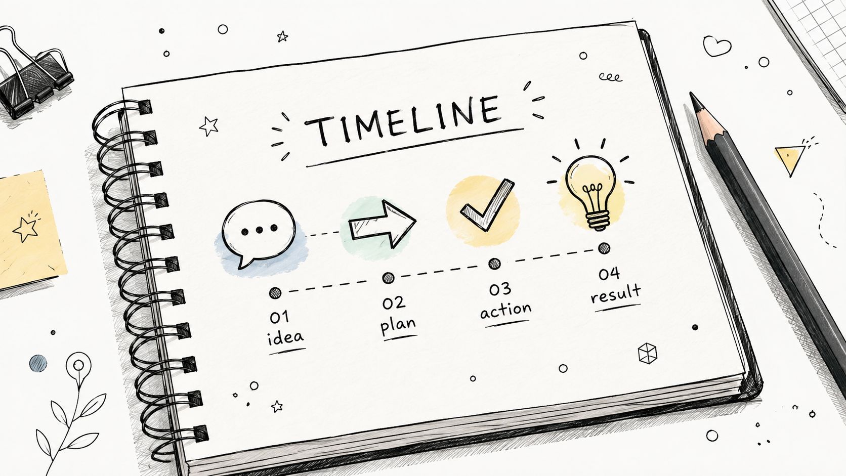 A hand-drawn sketch in a notebook showing a four-step timeline for projects from idea to result.