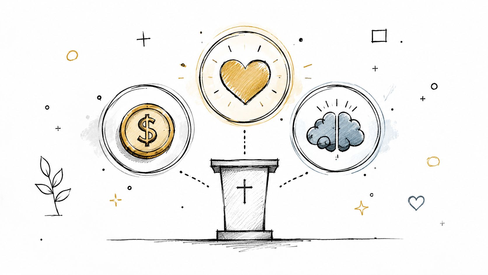 A hand-drawn illustration featuring a pulpit representing church themes with icons of money, heart, and brain.