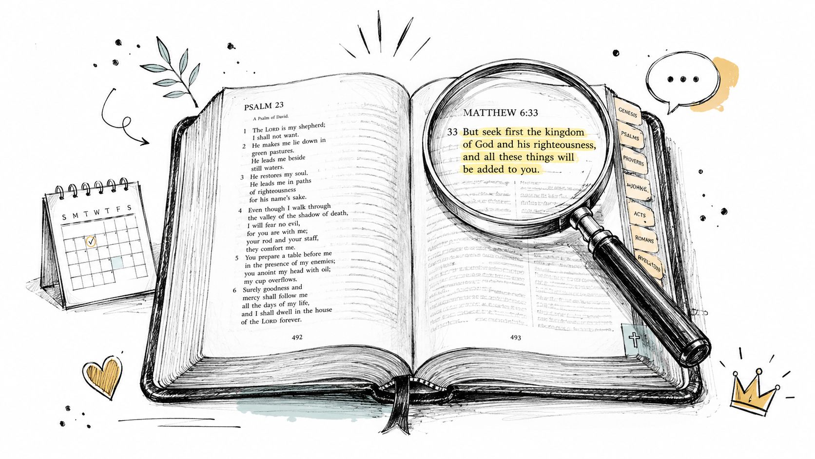 An open Bible showing Psalm 23 and Matthew 6:33 under a magnifying glass with devotional illustrations.