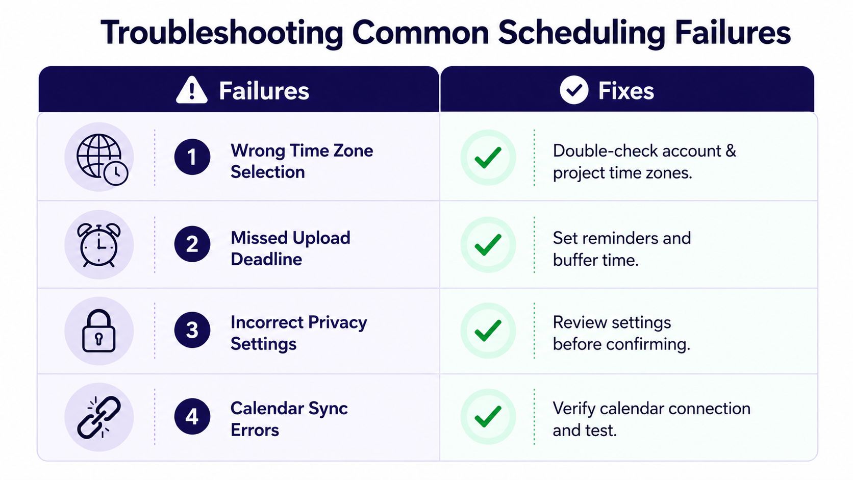 A chart titled Troubleshooting Common Scheduling Failures showing four common issues and their corresponding solutions.