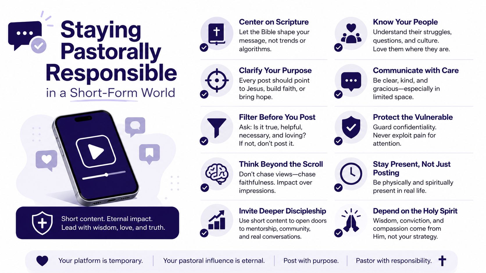 An infographic titled Staying Pastorally Responsible in a Short-Form World with ten tips for church leaders.