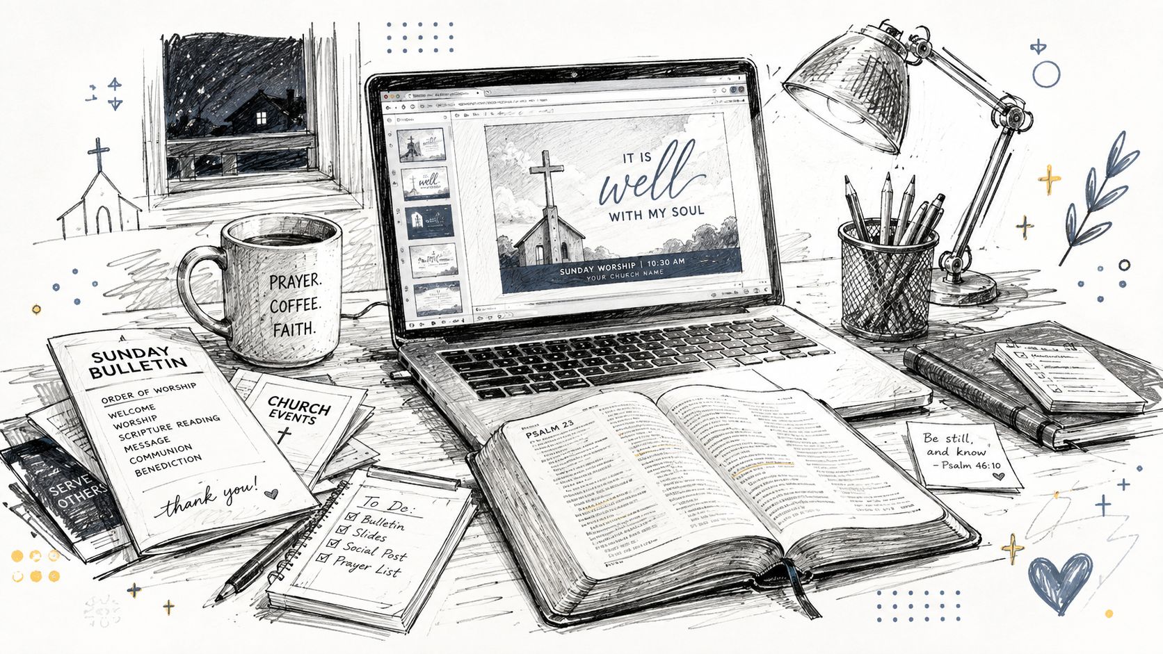 A hand-drawn illustration of a desk workspace featuring a laptop, open Bible, church bulletin, and coffee mug.