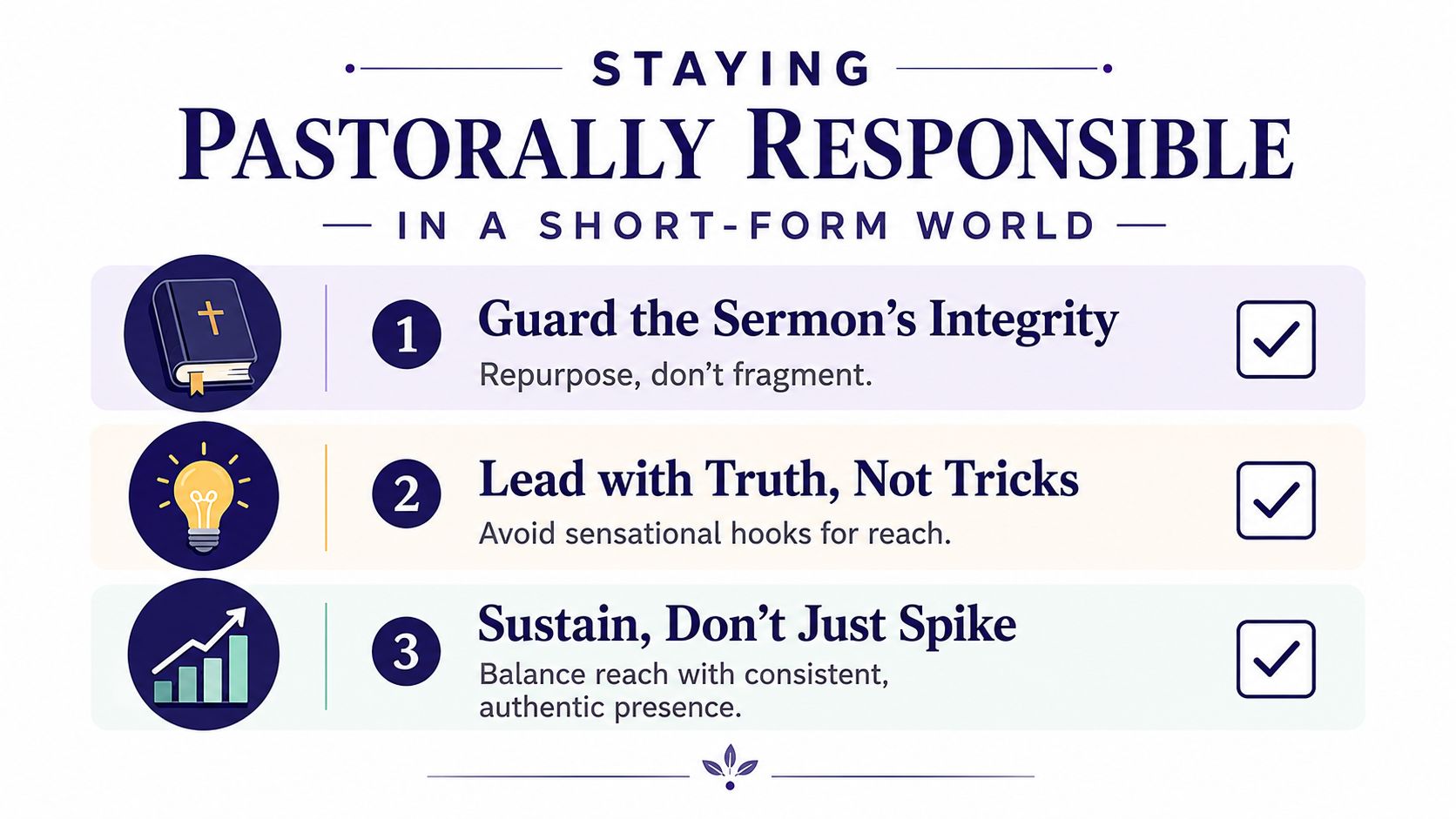 An infographic titled Staying Pastorally Responsible, outlining three principles for responsible church social media management practices.